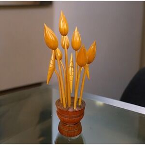 MCM Mid Century Modern 14"Wooden Floral Flower Hand Carved Arrangement Sculpture